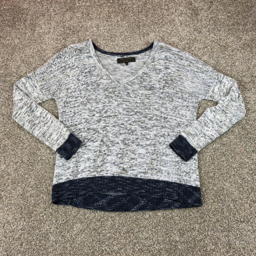 Rag & Bone New York Sweater Womens S V-Neck Marled‎ Knit Gray Navy Lightweight